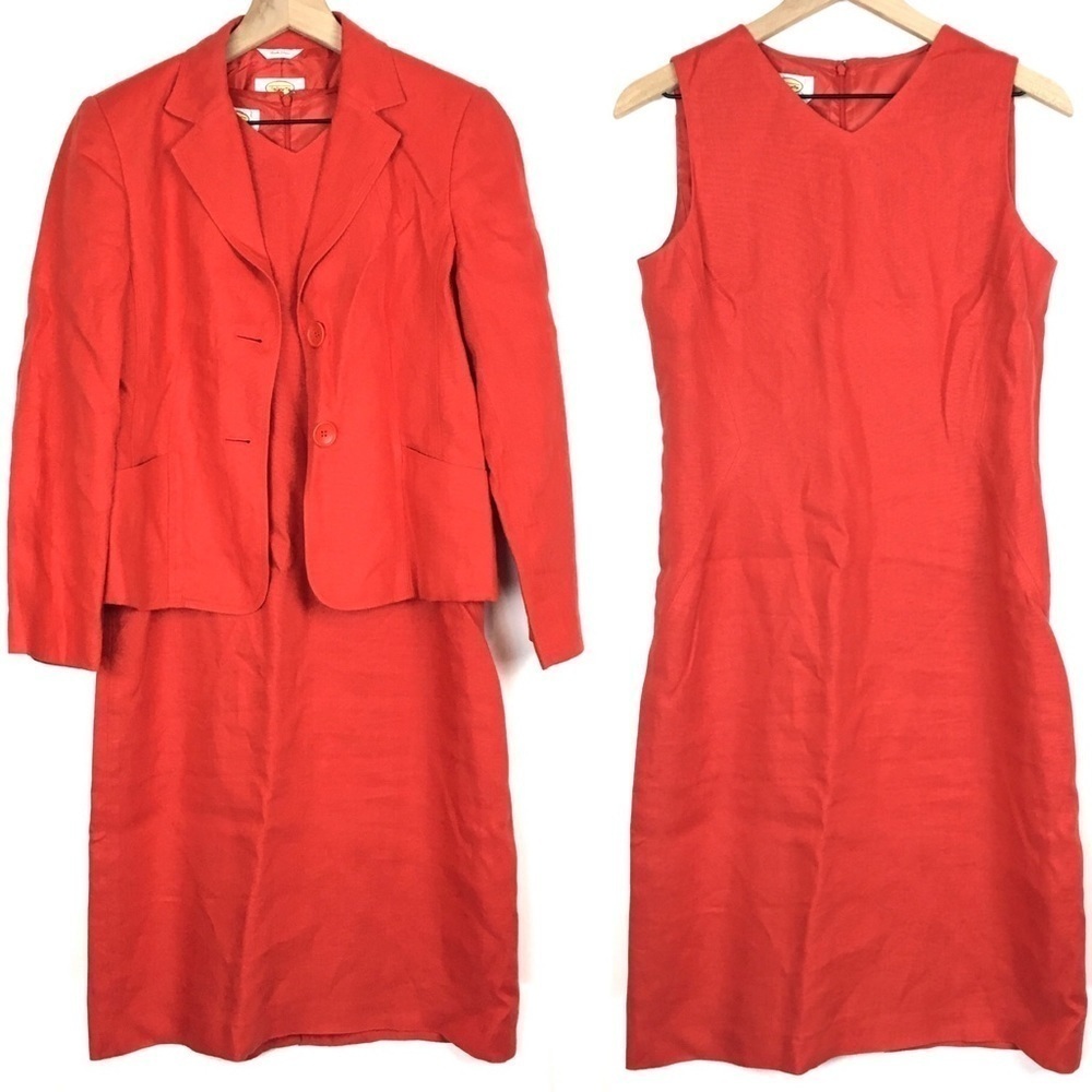 TALBOTS 100% Irish Linen Vintage Dress Jacket Set Bright Orange Red Size 6 6P